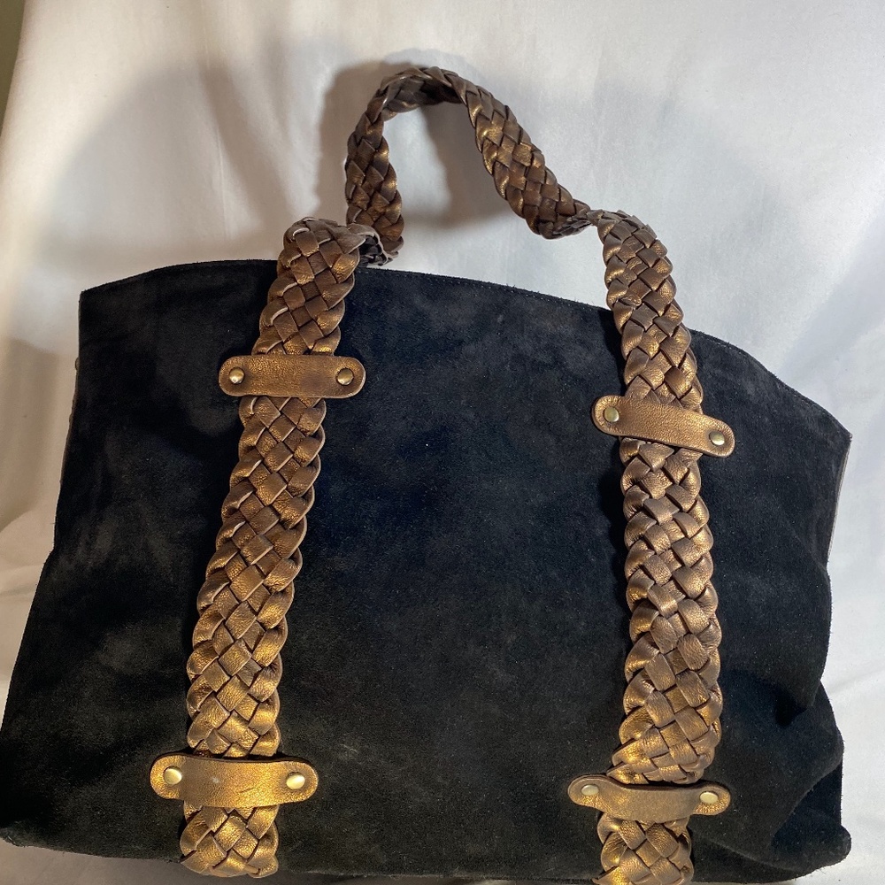 DONALD J PLINER BLACK SUEDE BAG WITH  BRONZE WOVEN HANDLES